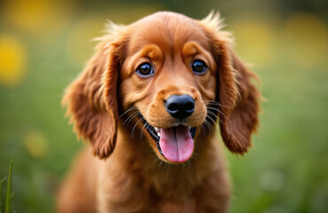 Obraz premium Happy orange cocker spaniel puppy portrait outdoors in green summer field. Adorable young doggy pants with tongue out. Purebred animal looks at camera.