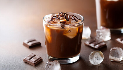 Refreshing Iced Coffee Drink With Chocolate Sauce And Ice Cubes