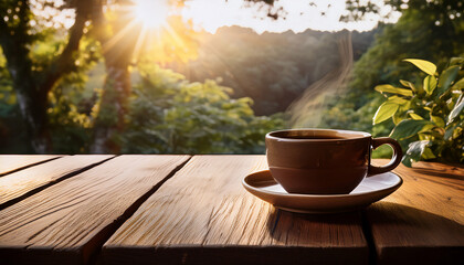 Rustic Wooden Table With A Stylish Coffee Cup And Brewed Beverage In A Cozy And Natural Setting