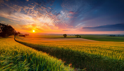 Idyllic Sunset Horizon Tranquil Rural Landscape With Breathtaking Sunset Colors