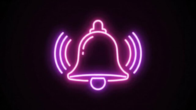 Neon notification icon of a bell with sound waves on a dark background