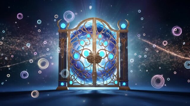 Magical Portal Opening, Fantasy Realm, Enchanted Surroundings, 3D Animation, Celestial Atmosphere, Front View, Mystical Journey
