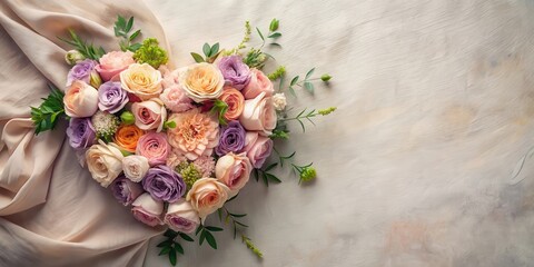 A Heart Shaped Arrangement of Pastel Roses and Delicate Flowers on a Soft Fabric Background