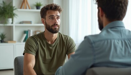 Man with beard talks seriously to unseen person in office. Young male listens intently, seeking support, guidance for personal issues. Focused conversation aims for mental health recovery,