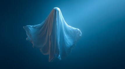 A spectral figure draped in white fabric floats against a deep blue, hazy background, evoking mystery and the ethereal