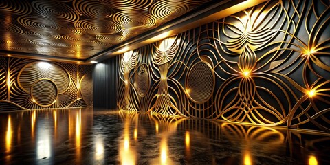 Elegant Interior Design with Golden Accents and Swirling Patterns on Walls and Ceiling