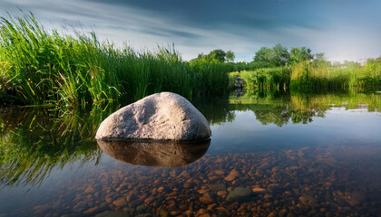 Serene Rock Sits Partially Submerged In Water Reflecting In The Still Surface Lush Green Grass Rises Behind Creating A Peaceful Natural Scene Smooth Pebbles Line The Bottom