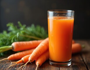Fresh carrot juice in glass with whole carrots on wood table. Healthy organic drink made from root vegetable. Natural vibrant orange beverage.