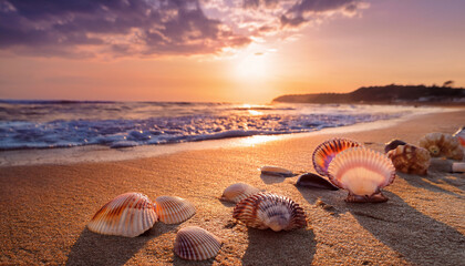 Seashells On Beach At Sunset