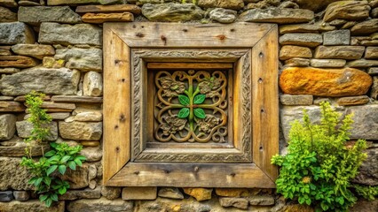 Rustic Wooden Frame Enhances Stone Wall's Natural Beauty with Intricate Carving and Lush Greenery