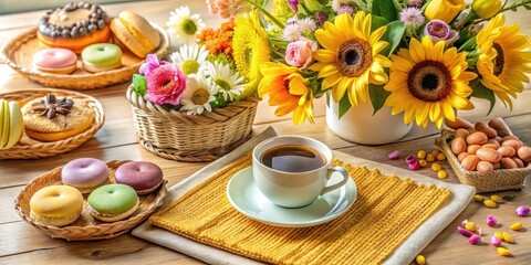 Aromatic Coffee and Sweet Treats Beside a Vibrant Sunflower Bouquet on a Rustic Wooden Table
