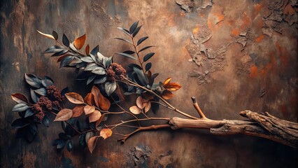 Autumnal Branch Arrangement on Textured Background Dark, Earthy Tones and Dried Foliage