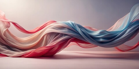 Swirling pastel fabric in dynamic motion, a flowing wave of sheer elegance, capturing the essence of graceful movement and soft color transitions.