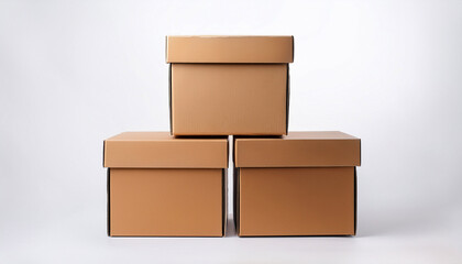 Three Cardboard Boxes Stacked On Top Of Each Other In A Neat Arrangement On A White Background