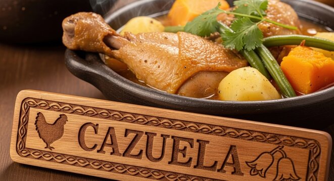 Comforting Chilean Cazuela de Ave Chicken Soup Close-Up with Engraved Lenga Wood Sign