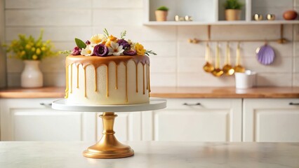 Elegant Drip Cake with Floral Garnish on Golden Cake Stand in a Kitchen