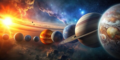 A Celestial Panorama Planets Orbiting a Radiant Star in a Vast, Star-Filled Galaxy