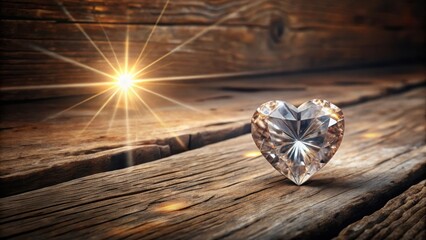 A Sparkling Heart-Shaped Gemstone Rests on Rustic Wooden Boards, Illuminated by a Dramatic Sunburst