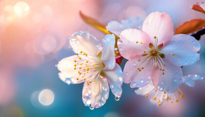 Soft White Cherry Blossom Flowers With Delicate Pink Hues Covered In Morning Dew Drops Glowing Gently Against Blurred Pastel Pink And Blue Background Creating Serene Springtime Mood