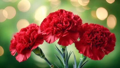 Three Vibrant Red Carnations Against A Soft Bokeh Filled Light Green Background