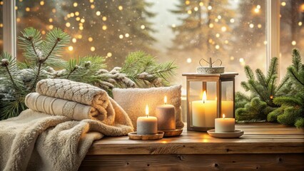Cozy Winter Windowsill Scene with Soft Towels, Scented Candles, and Evergreen Branches