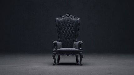 Regal throne setting, Elegant velvet chair in shadows, Luxurious carved seat with subtle lighting and mood, Magnificent throne scene featuring rich velvet seat and mysterious ambiance