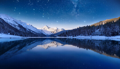 Starlit Mountains Reflect In A Serene Lake Under A Clear Night Sky In Winter Wonderland