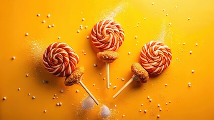 Delightful Swirl Lollipops on Pastry Base, Scattered with Sweet Powder on Vibrant Yellow Background