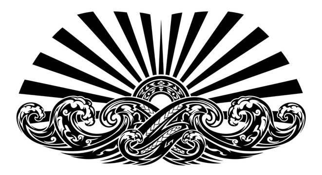 Stylized graphic illustration of sun rays over ocean waves in black and white.