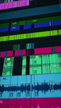 inematic multitrack video editing timeline screen with colorful audio waveforms and video layers in advanced editing software for digital filmmaking and multimedia production