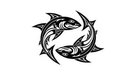 Obraz premium Two sharks in a circular design, tribal tattoo style illustration.