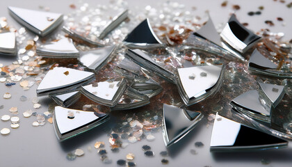 Shattered Mirror Shards With Sparkling Glitter On A White Surface
