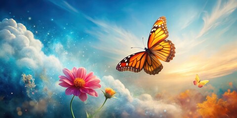 A Serene Dreamlike Scene Featuring a Majestic Butterfly Soaring Above a Field of Blossoming Flowers, Embracing a Magical Atmosphere of Sparkling Dust and Soft Clouds at Sunset