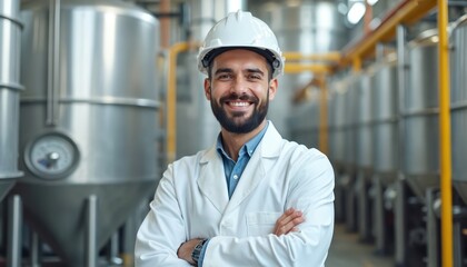 Smiling man in lab coat and hard hat stands arms crossed in industrial plant with large vats. He represents expertise in manufacturing, production, and engineering.