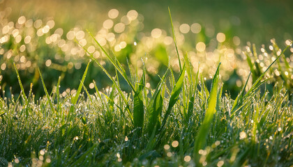 Morning Dew Glistens On Blades Of Green Grass In A Vibrant Summer Meadow