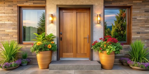 Modern home entrance with stylish wooden door and vibrant potted plants