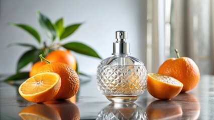 Aromatic Citrus Perfume in Elegant Glass Bottle with Fresh Oranges