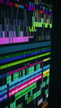 inematic multitrack video editing timeline screen with colorful audio waveforms and video layers in advanced editing software for digital filmmaking and multimedia production