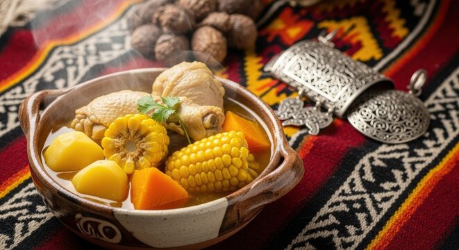 Rustic Chilean Cazuela Chicken Stew with Mapuche Silver and Negative Space