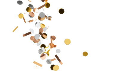 photorealistic macro shot of luxurious metallic (gold, silver, rose gold) confetti falling dynamically against a transparent background with bokeh and ample copy space concept of luxury and