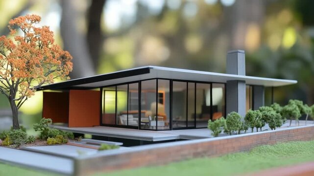 A detailed architectural model of a mid-century modern house, featuring large glass windows, a flat roof, and landscaped surroundings with trees and shrubs
