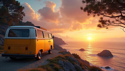 Yellow camper van parked on cliff edge by sea. Dramatic sunset sky with orange and pink clouds. Ocean waves crash below. Peaceful coastal road trip journey.