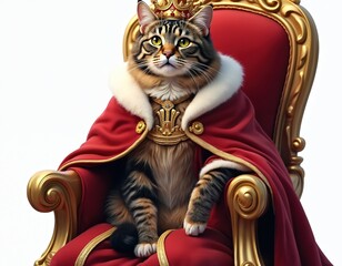 Fototapeta premium Tabby cat wears golden crown and red cape sits on ornate throne. Animal looks regal, majestic, and confident. Royal pet posing like a king on plush velvet chair.