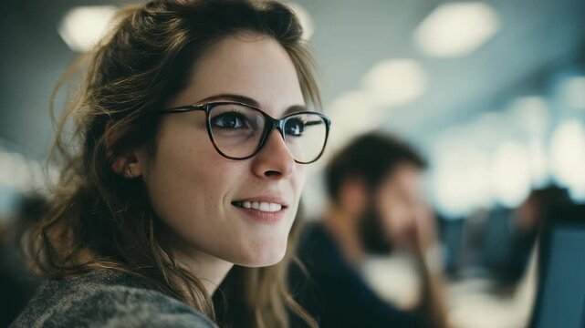 Portrait of a cheerful female employee in stylish eyewear, focused on her computer in a contemporary workspace. The image conveys productivity, ambition, and a collaborative office environment