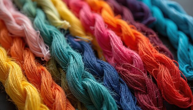 Colorful embroidery threads arranged in neat rows. Various vibrant colors like red, orange, blue, green, and pink are visible. These threads are used for handcrafts and DIY projects.