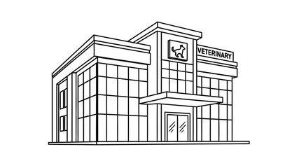 A simple line drawing depicts a modern two story commercial building with large glass windows
