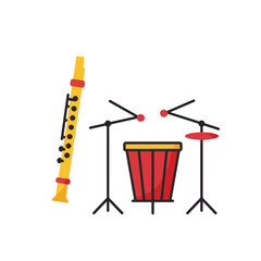 Yellow recorder and drum set with stands. Perfect for musicthemed designs, band promotions, music lessons, and schoolrelated projects. Vibrant and engaging visual.