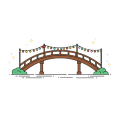 Wooden arched bridge with colorful lights perfect for nature, park, or holidaythemed designs. Suitable for festive backgrounds or posters.