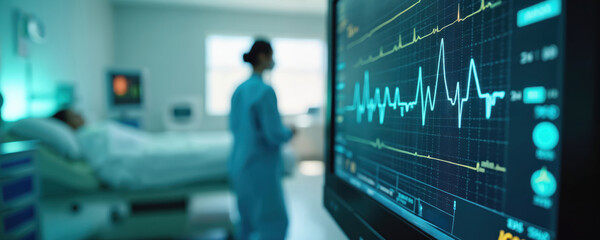 Medical team monitors critical patient vitals on ECG screen in ICU room. Nurse checks equipment near patient bed with life support machines. Urgent care unit scene.