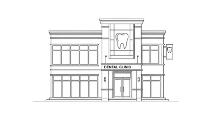 Architectural rendering of a modern dental clinic facade with large windows and a tooth symbol